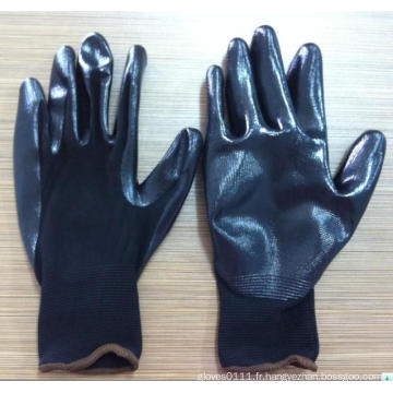 Gant de travail enduit de nitrile de couleur noire de revêtement de polyester de 13G